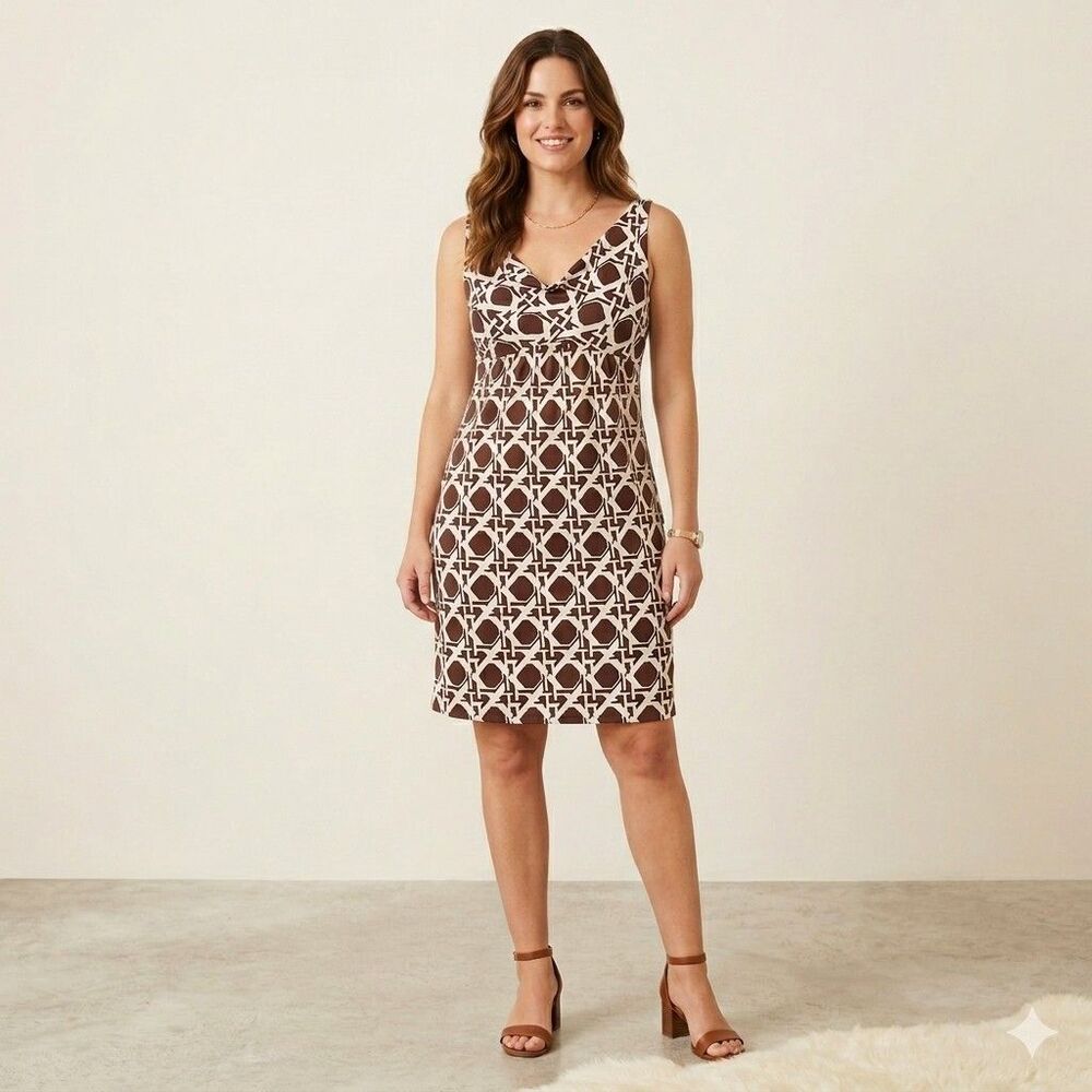 Diane Von Furstenberg Vintage Brown and White Geometric Midi Dress 100% Silk DVF